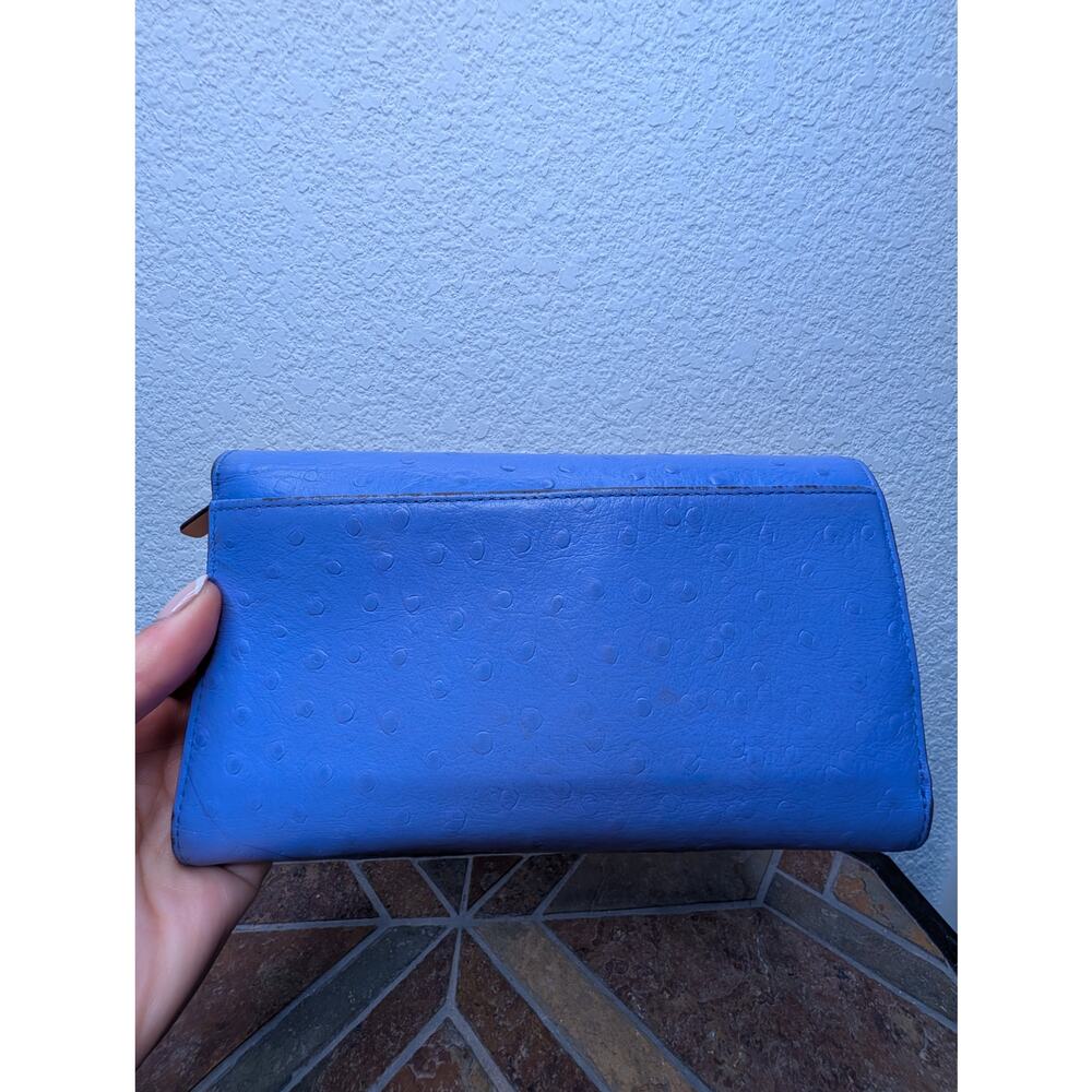 Kate Spade Women's Blue Ostrich Leather Trifold Wallet Chic Travel Designer - Picture 2 of 7